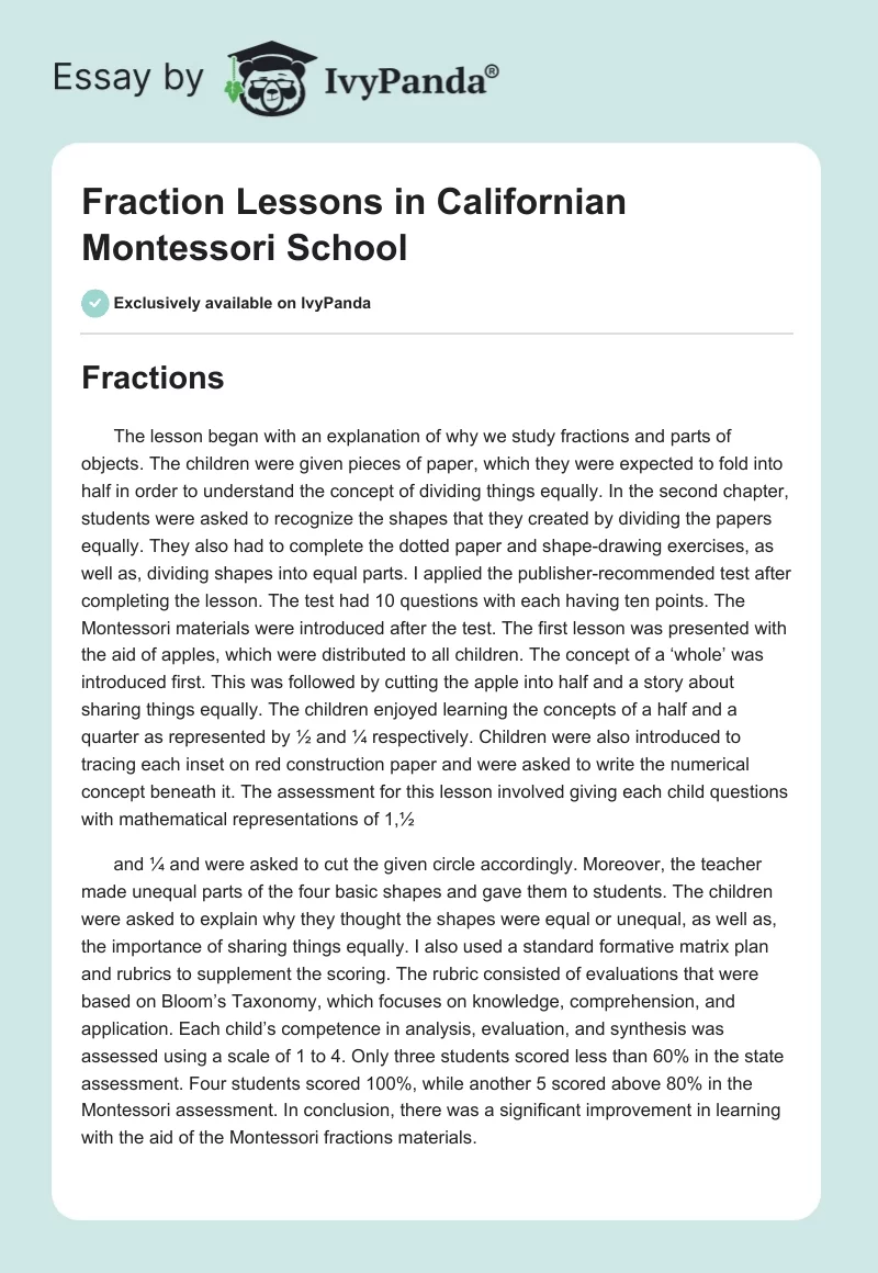 Fraction Lessons in Californian Montessori School. Page 1