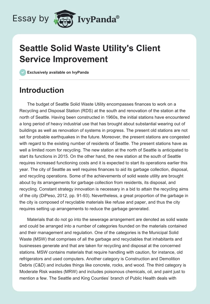 Seattle Solid Waste Utility's Service Improvement 7927 Words Case
