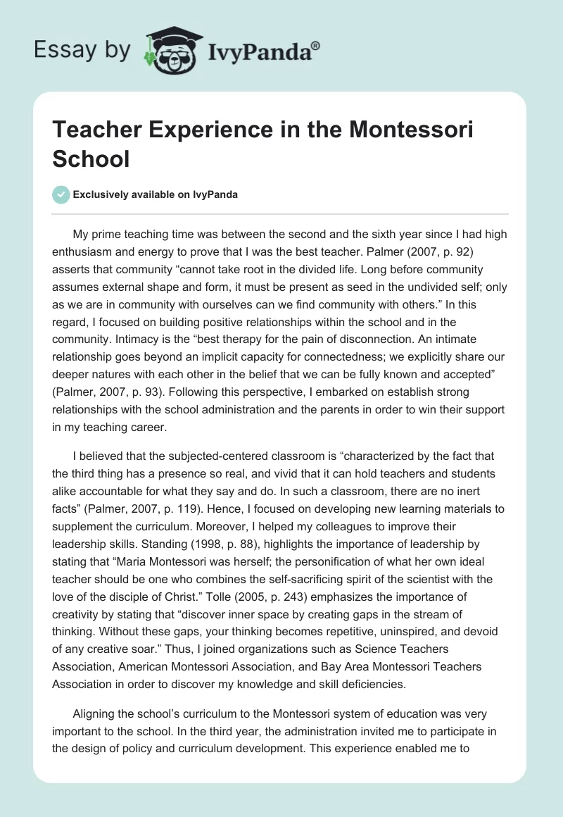 Teacher Experience in the Montessori School. Page 1