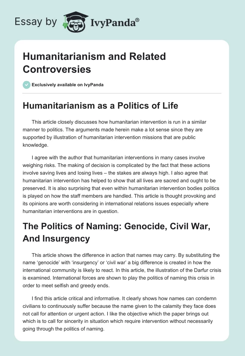 Humanitarianism and Related Controversies. Page 1