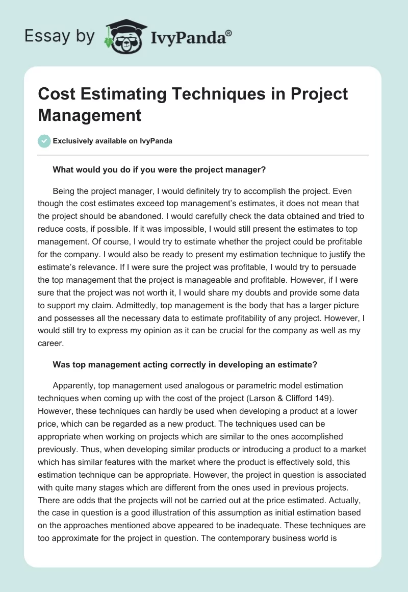 Cost Estimating Techniques in Project Management. Page 1