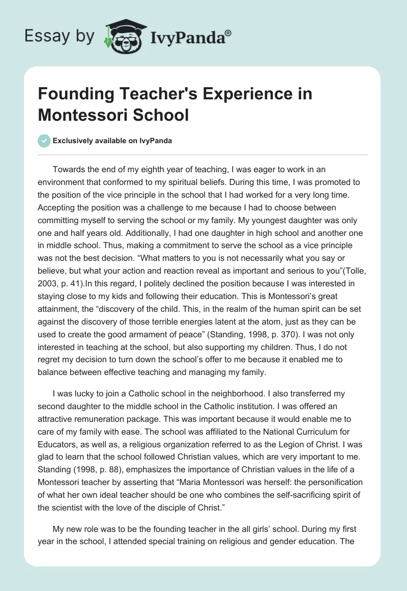 Founding Teacher's Experience in Montessori School. Page 1