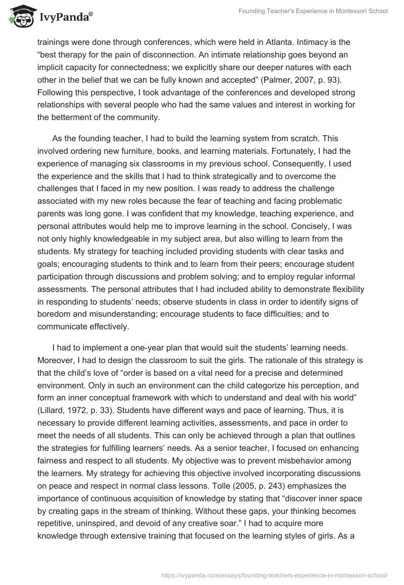 Founding Teacher's Experience in Montessori School. Page 2