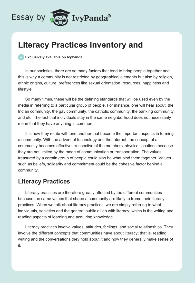 Literacy Practices Inventory and. Page 1