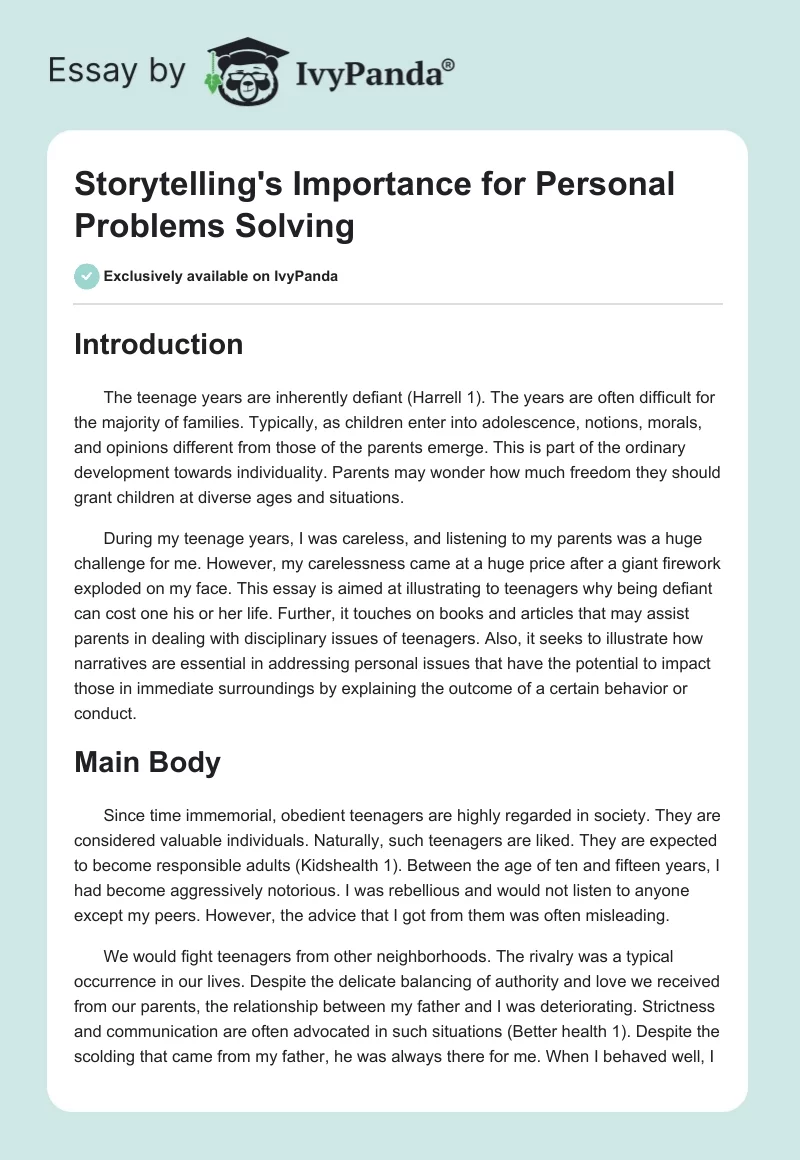 Storytelling's Importance for Personal Problems Solving. Page 1