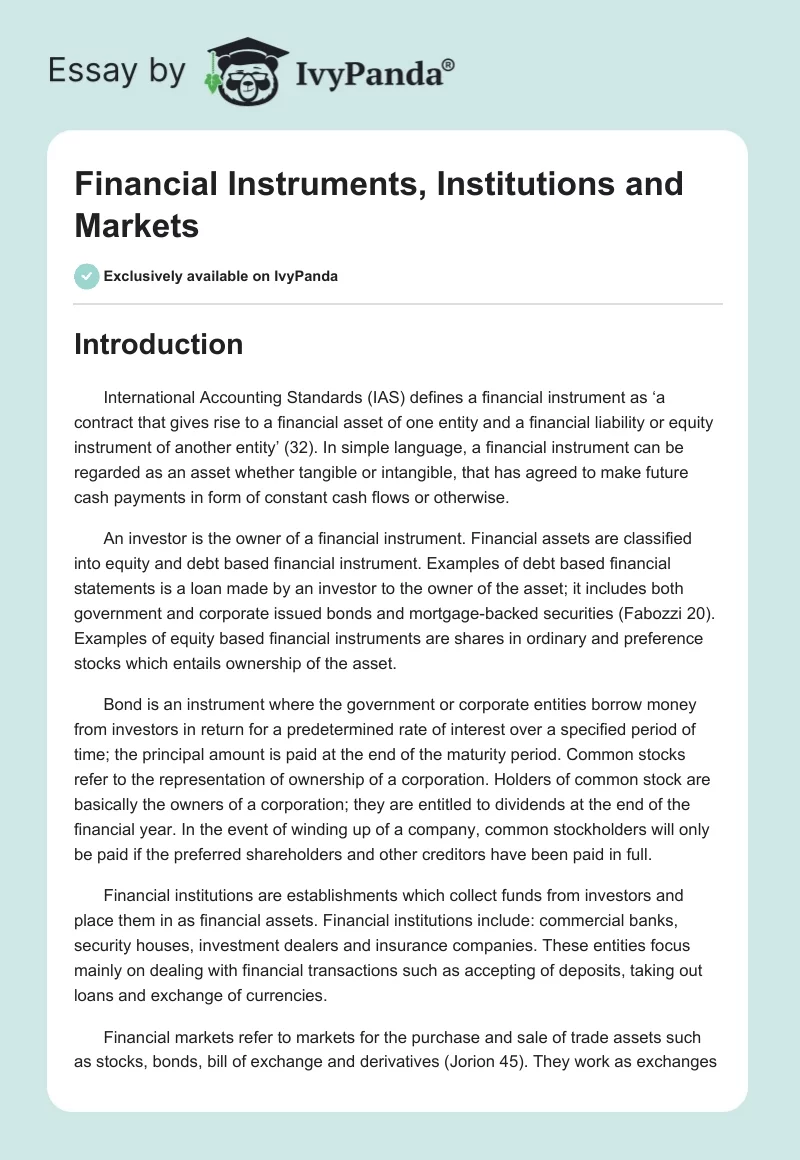 Financial Instruments, Institutions and Markets. Page 1