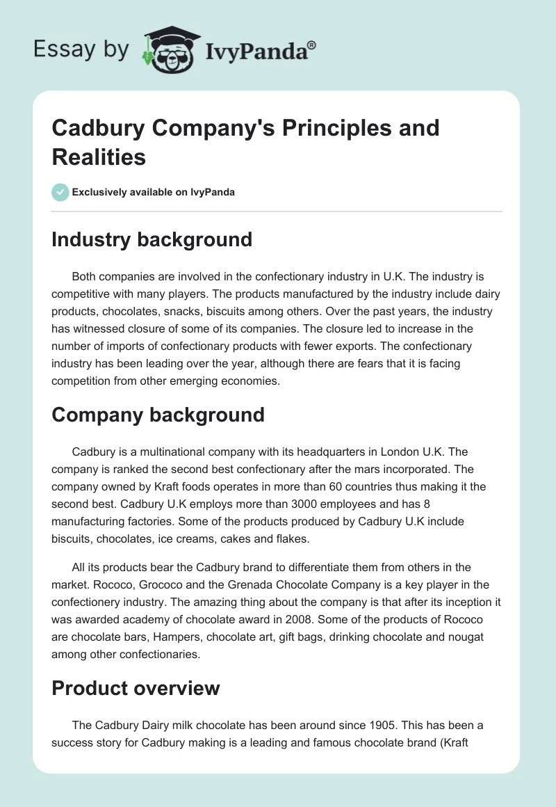 Cadbury Company's Principles and Realities. Page 1