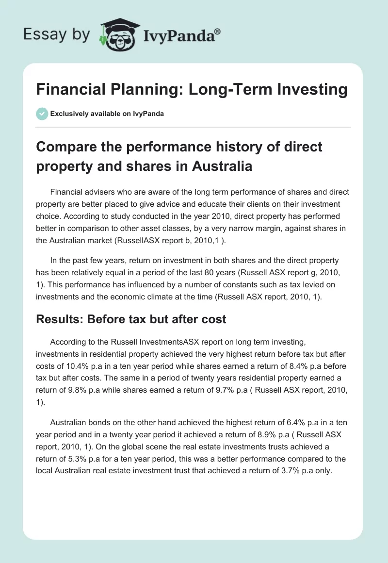 Financial Planning: Long-Term Investing. Page 1