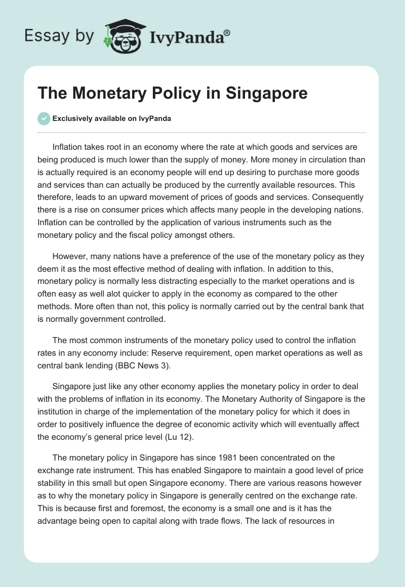 The Monetary Policy in Singapore. Page 1