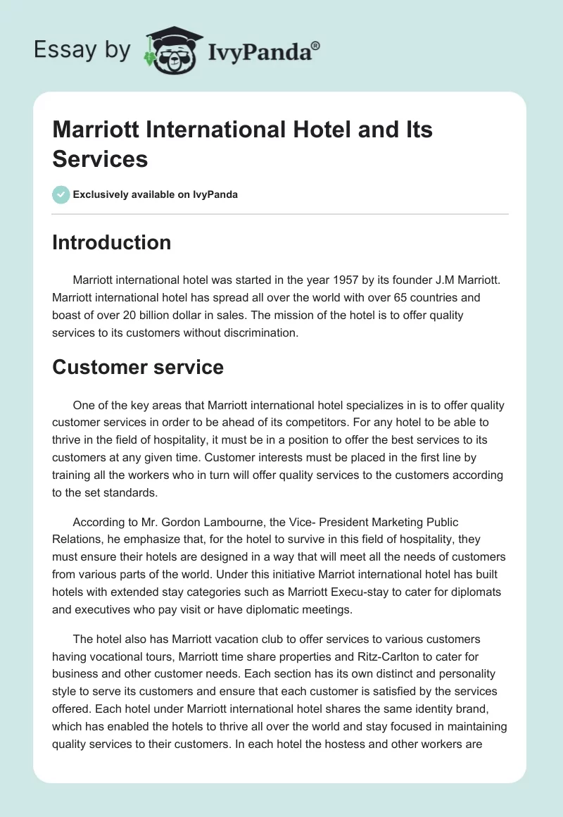 Marriott International Hotel and Its Services. Page 1