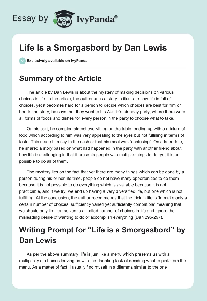 "Life Is a Smorgasbord" by Dan Lewis. Page 1