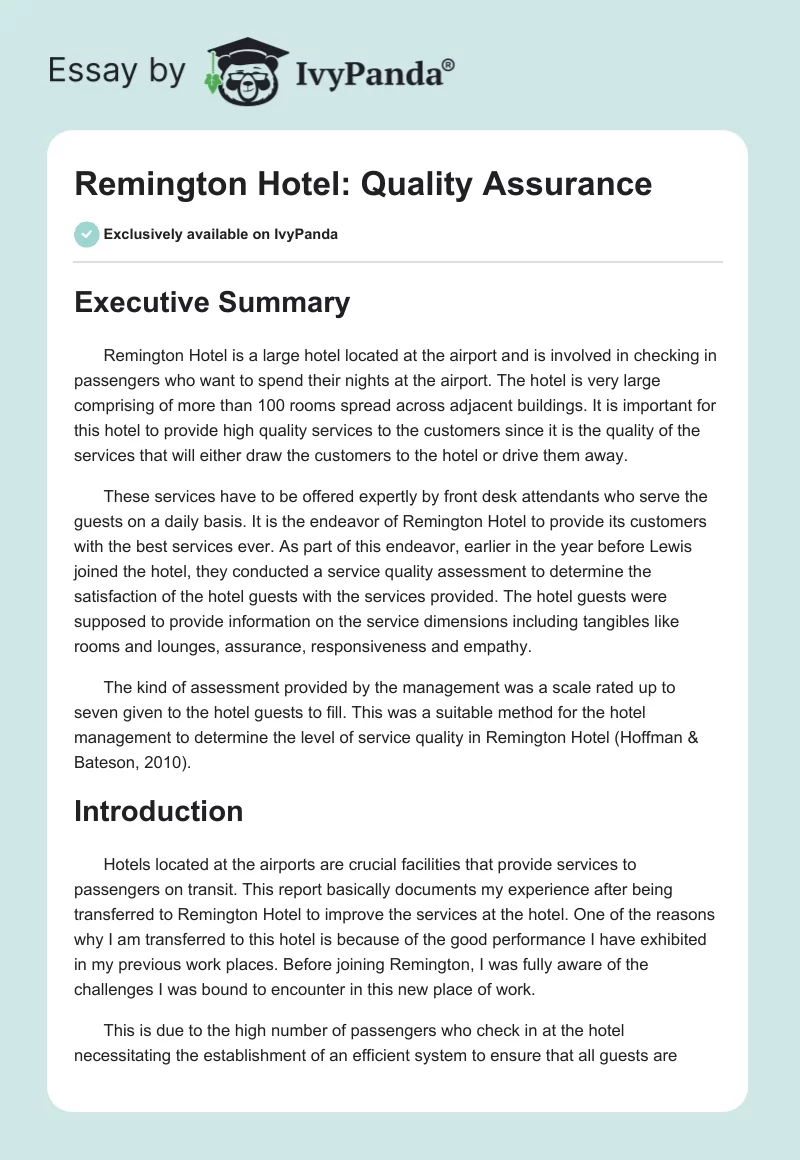 Remington Hotel: Quality Assurance. Page 1