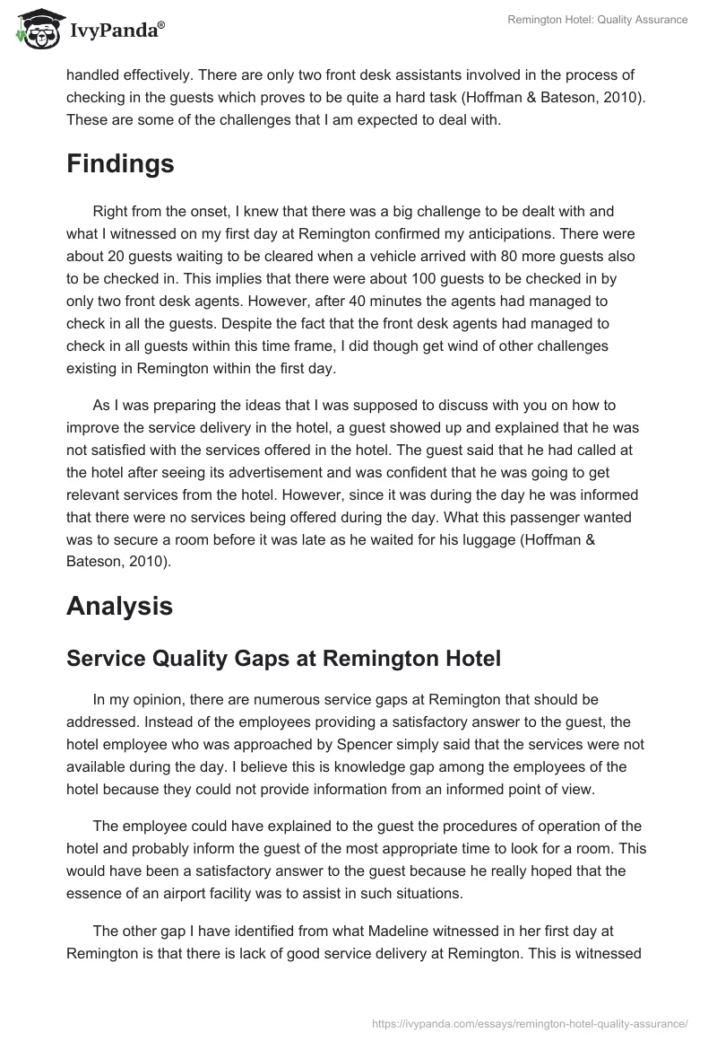 Remington Hotel: Quality Assurance. Page 2