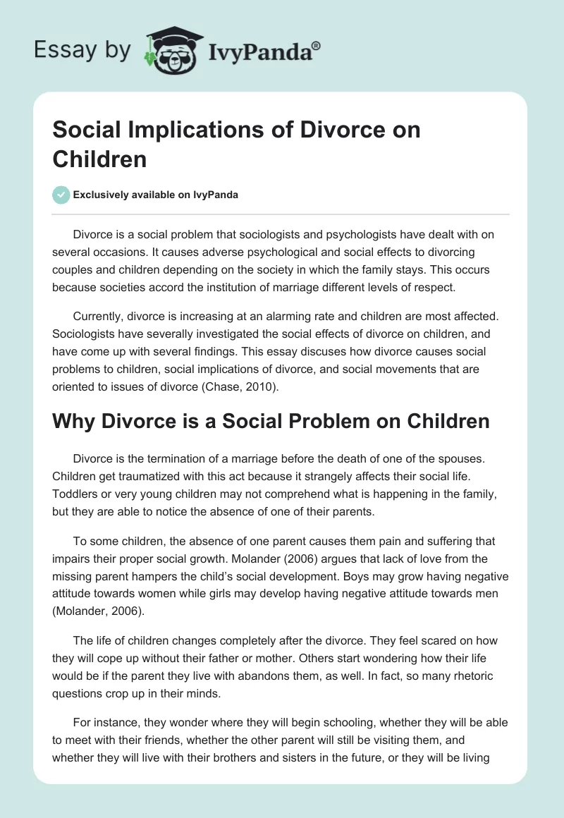 Social Implications of Divorce on Children. Page 1