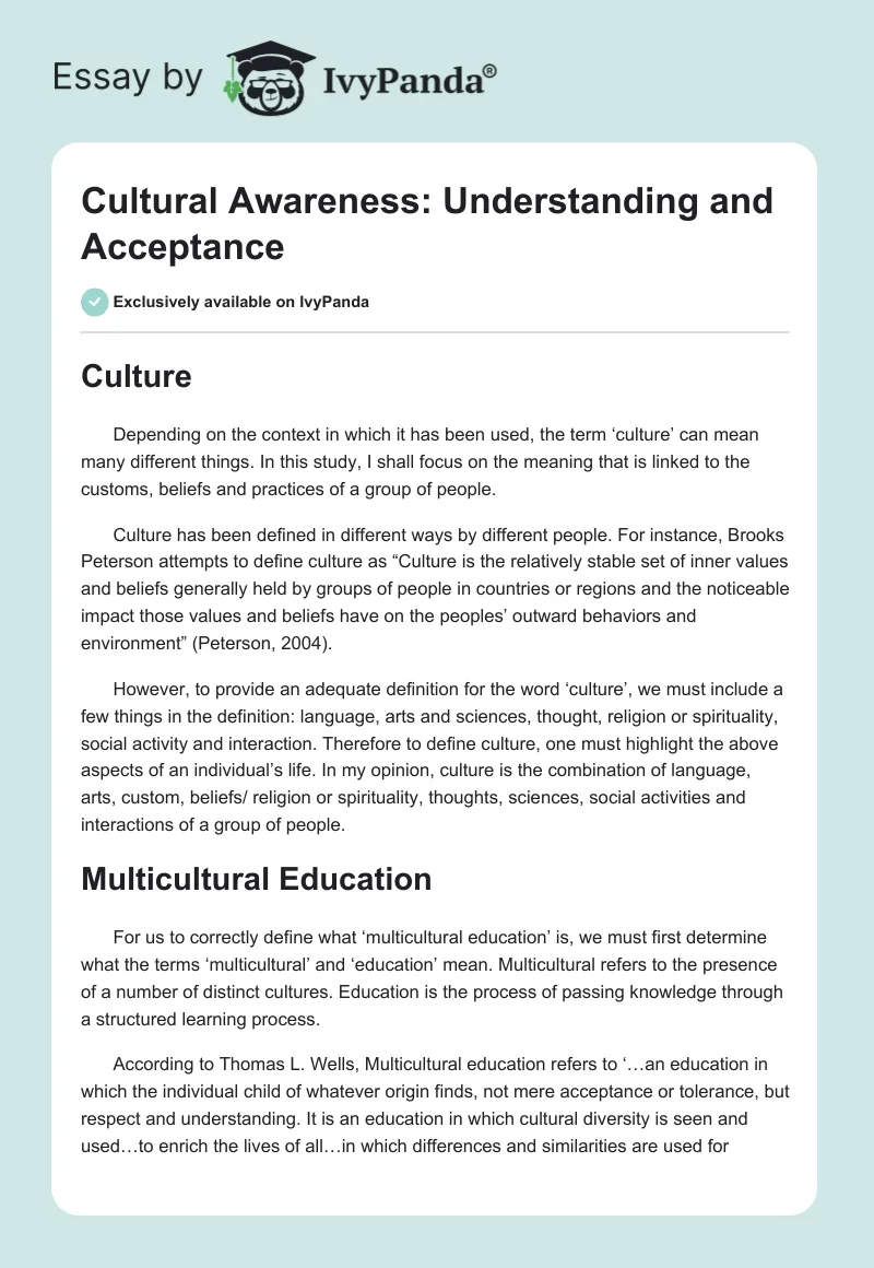 Cultural Awareness: Understanding and Acceptance. Page 1