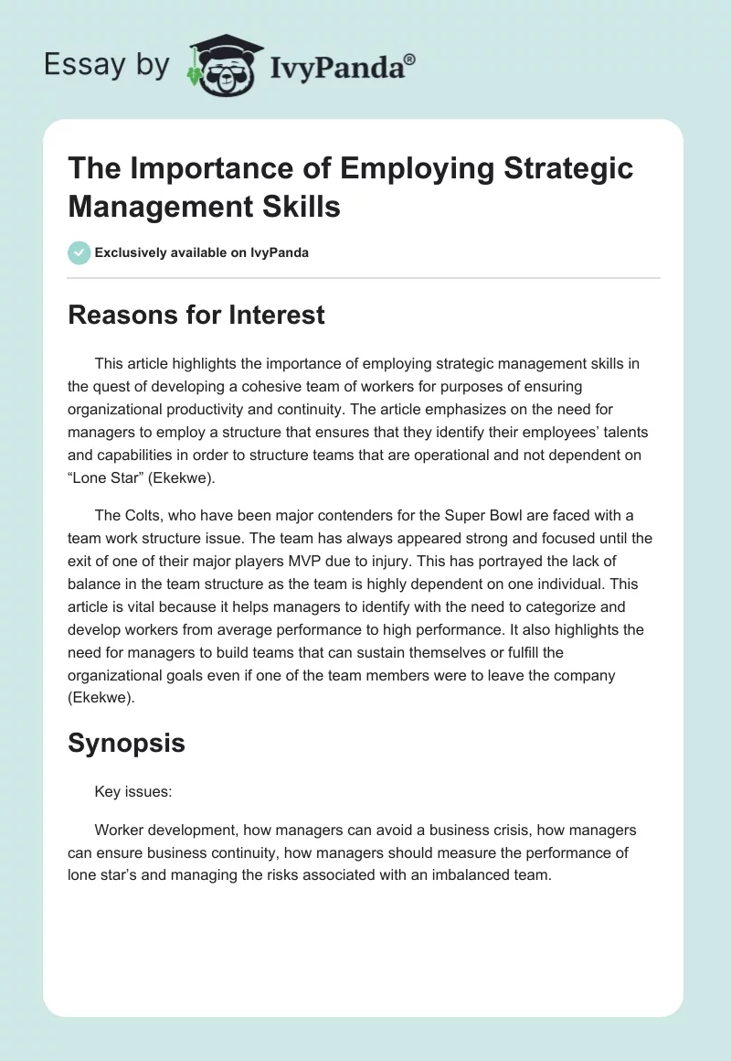 The Importance of Employing Strategic Management Skills. Page 1