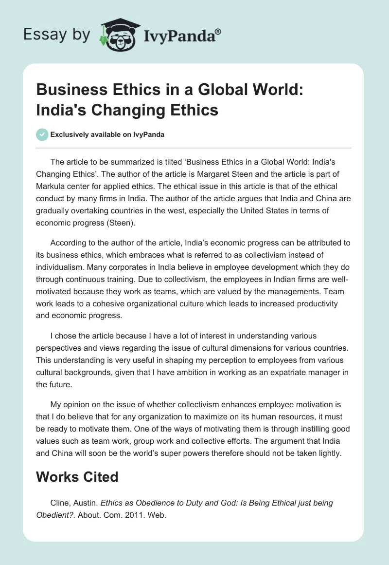 Business Ethics in a Global World: India's Changing Ethics. Page 1