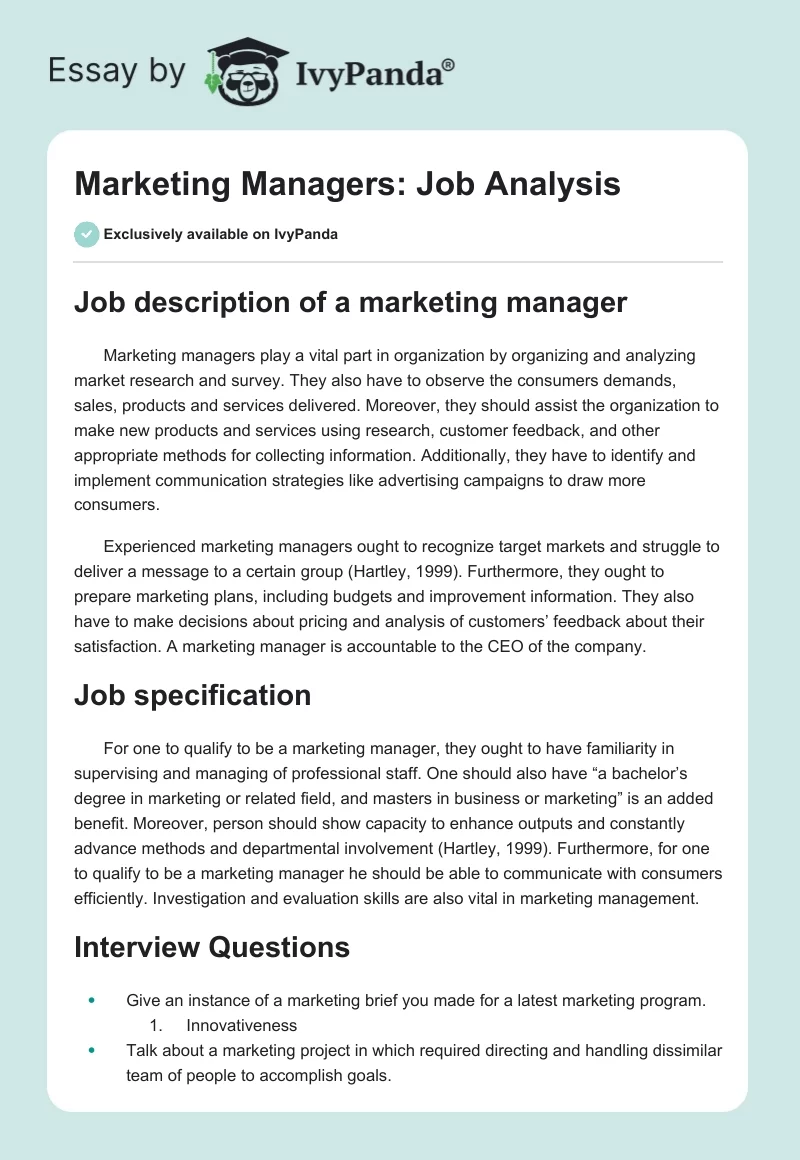 Marketing Managers: Job Analysis. Page 1