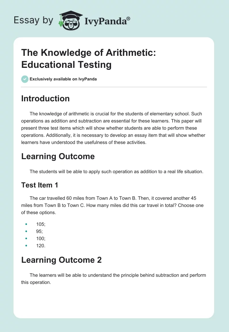 The Knowledge of Arithmetic: Educational Testing. Page 1