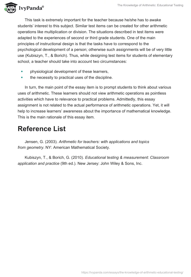 The Knowledge of Arithmetic: Educational Testing. Page 3