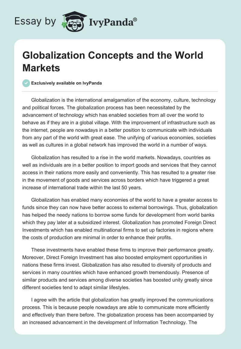 Globalization Concepts and the World Markets. Page 1