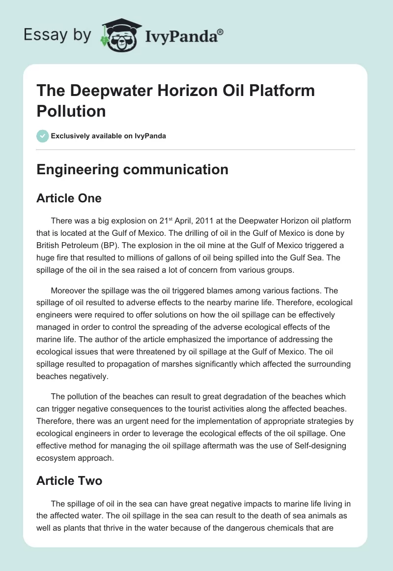 The Deepwater Horizon Oil Platform Pollution. Page 1