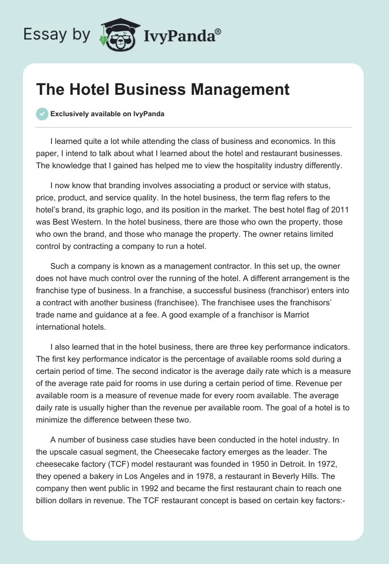 The Hotel Business Management. Page 1