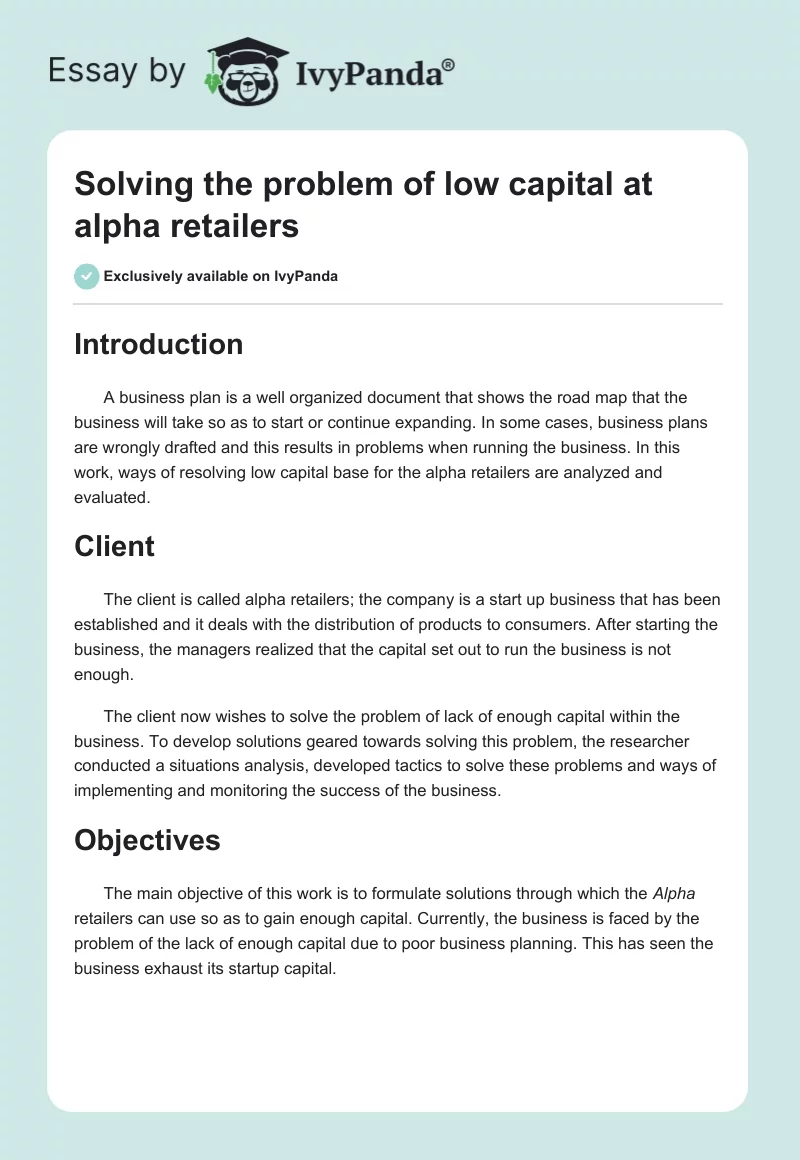 Solving the problem of low capital at alpha retailers. Page 1