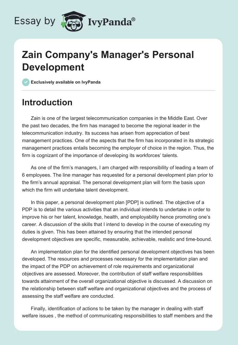 Zain Company's Manager's Personal Development. Page 1