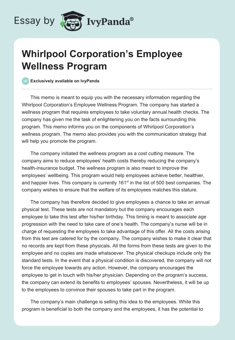 Whirlpool Corporation’s Employee Wellness Program. Page 1