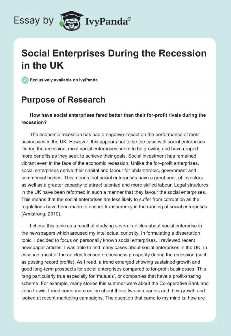 Social Enterprises During the Recession in the UK. Page 1