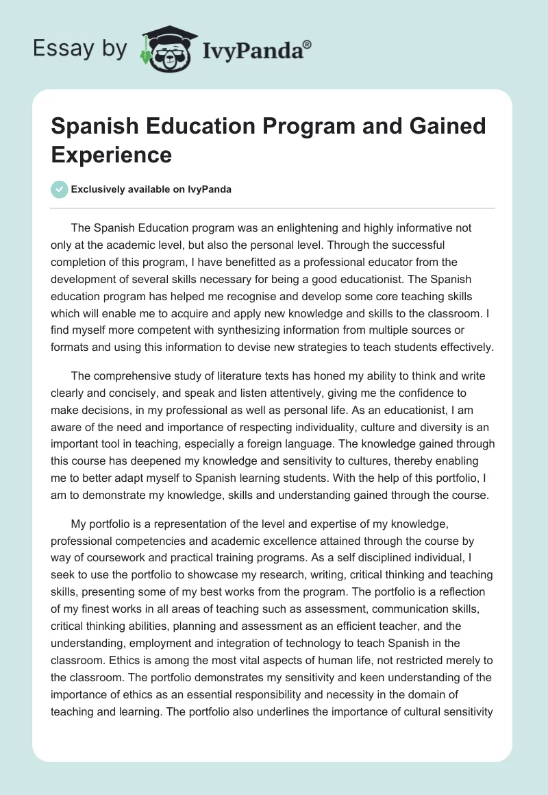 Spanish Education Program and Gained Experience. Page 1