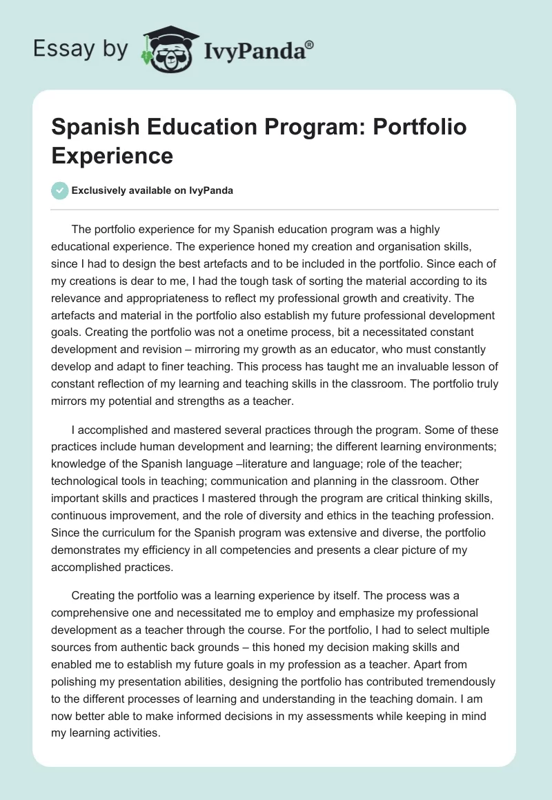 Spanish Education Program: Portfolio Experience. Page 1
