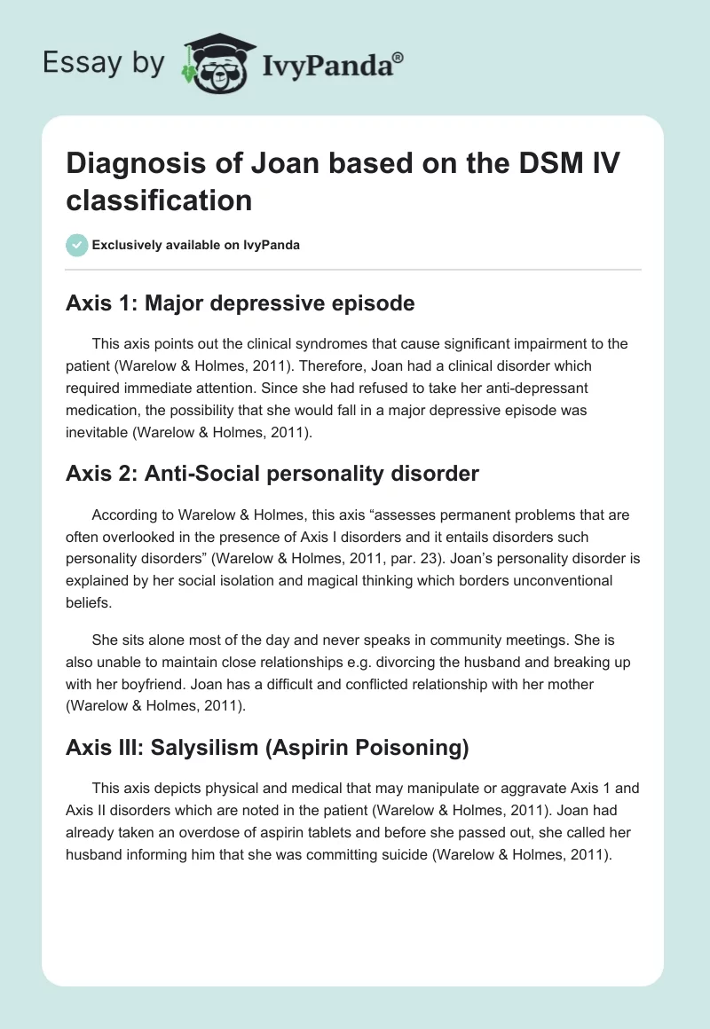 Diagnosis of Joan based on the DSM IV classification. Page 1