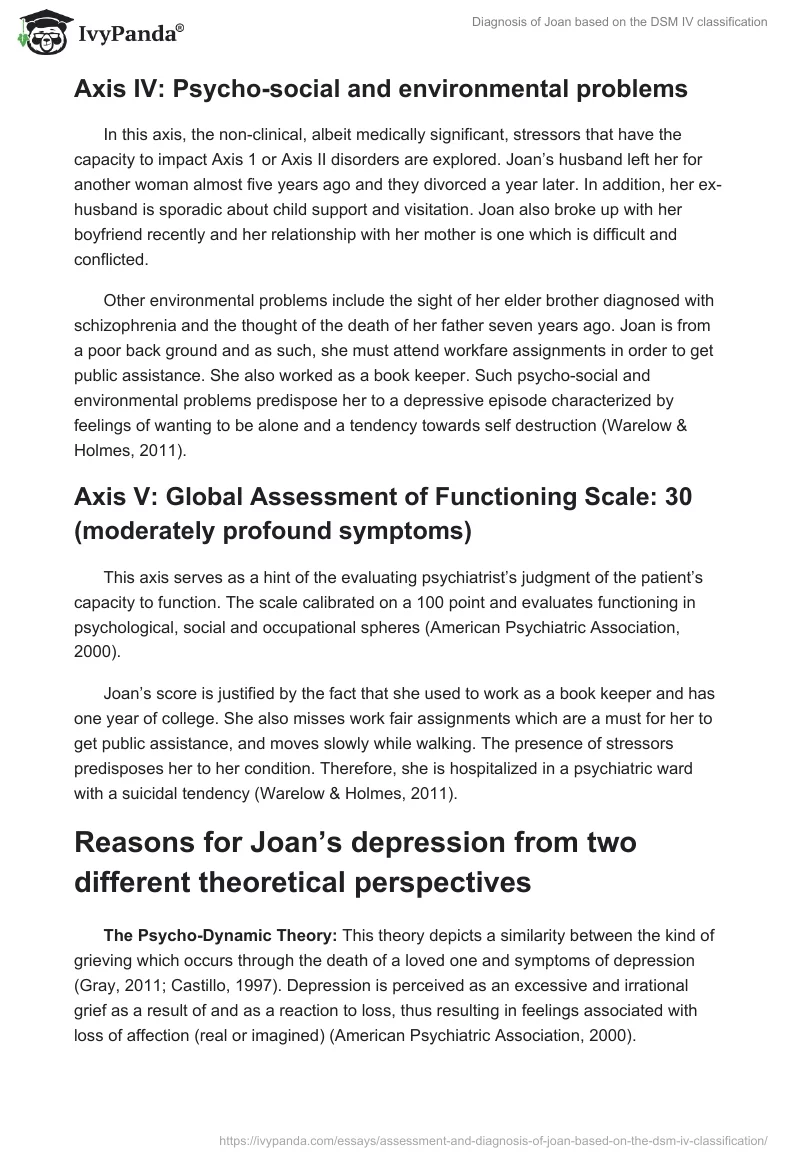 Diagnosis of Joan based on the DSM IV classification. Page 2