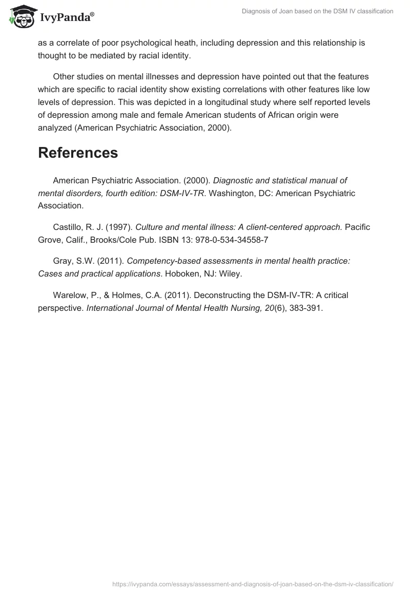 Diagnosis of Joan based on the DSM IV classification. Page 5