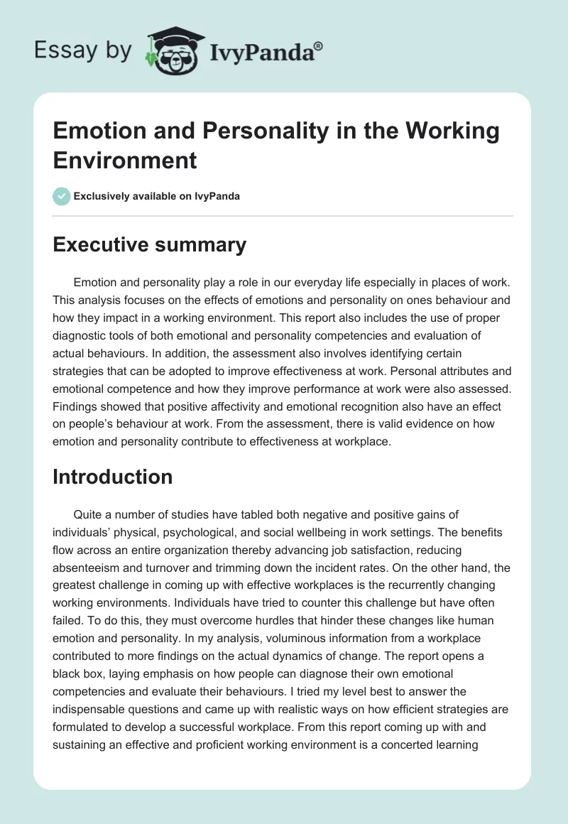 Emotion and Personality in the Working Environment. Page 1