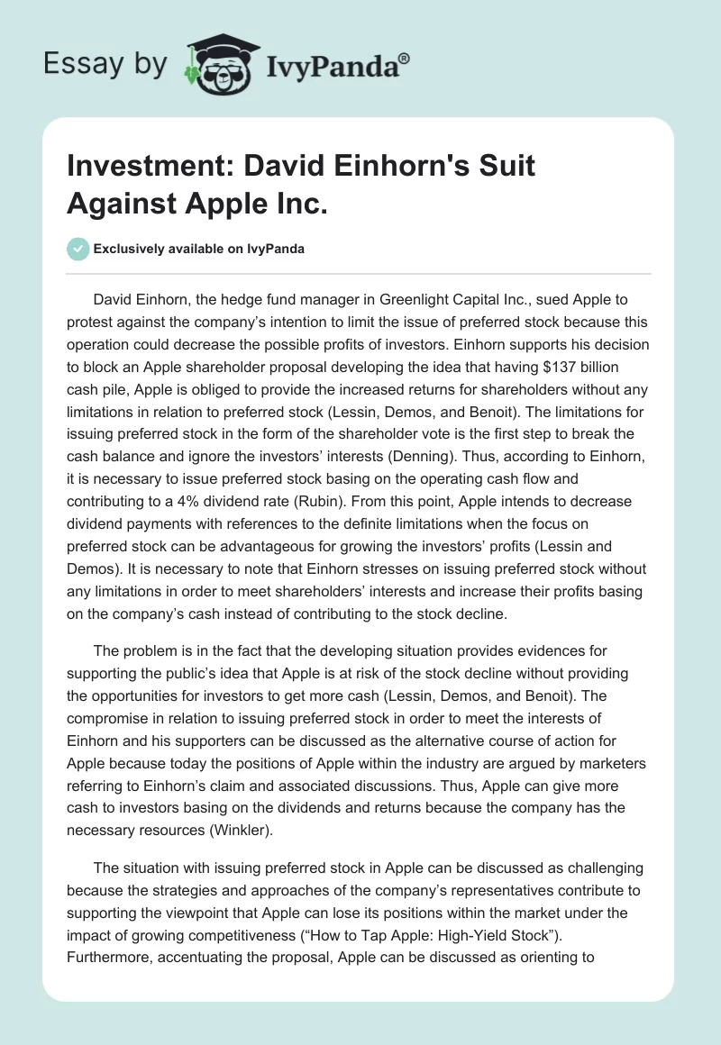 Investment: David Einhorn's Suit Against Apple Inc.. Page 1