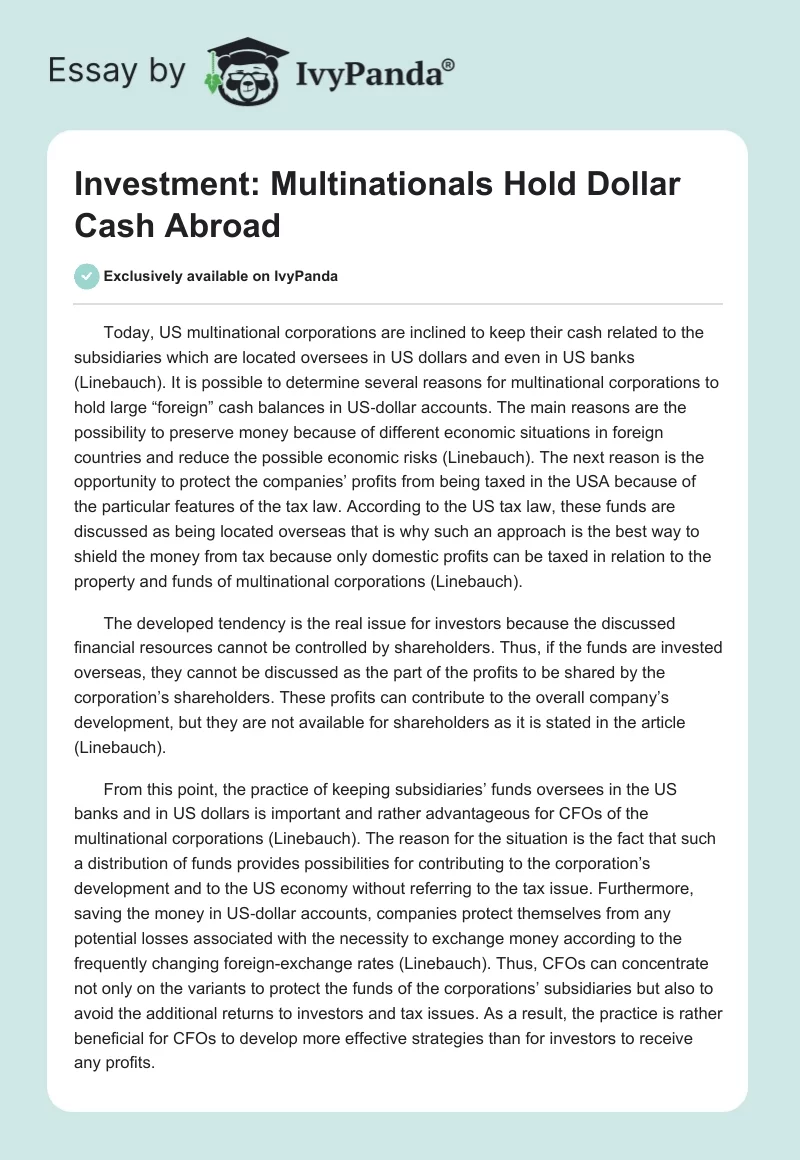 Investment: Multinationals Hold Dollar Cash Abroad. Page 1