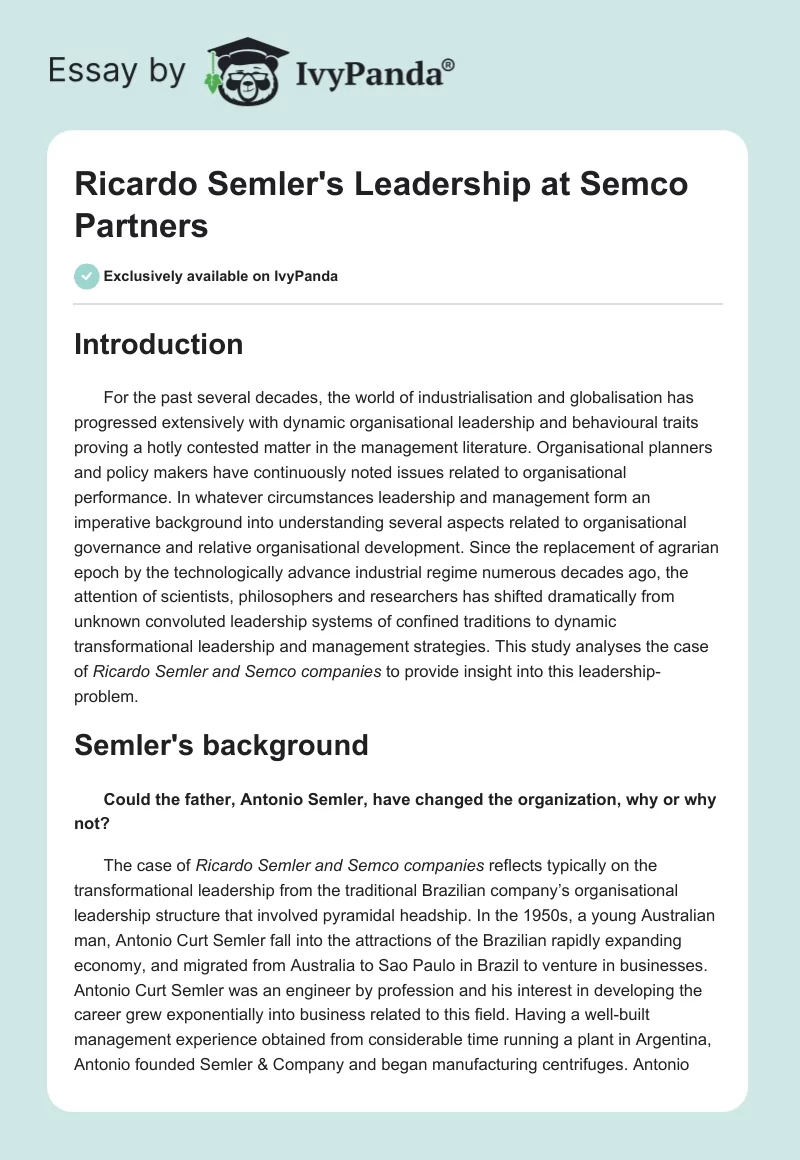 Ricardo Semler's Leadership at Semco Partners. Page 1