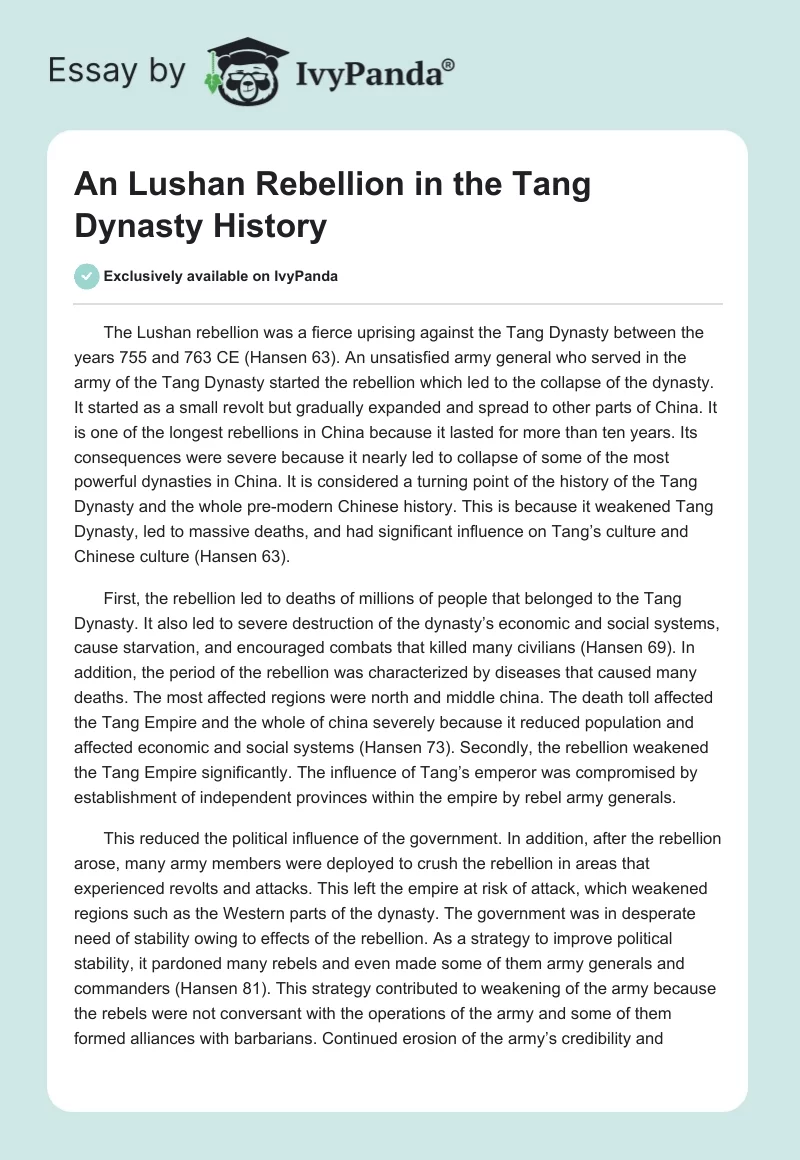 An Lushan Rebellion in the Tang Dynasty History. Page 1