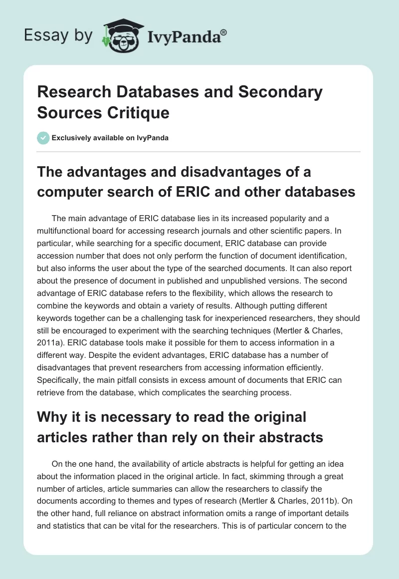 Research Databases and Secondary Sources Critique. Page 1