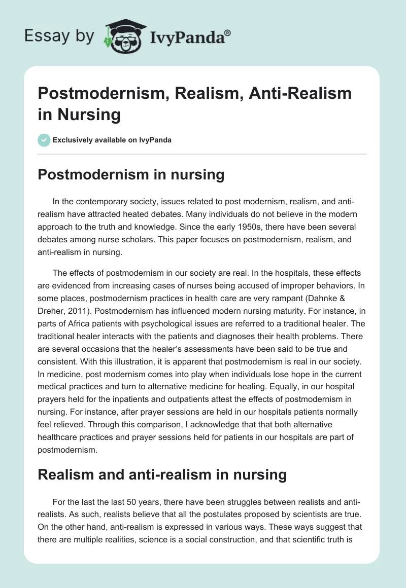 Postmodernism, Realism, Anti-Realism in Nursing. Page 1