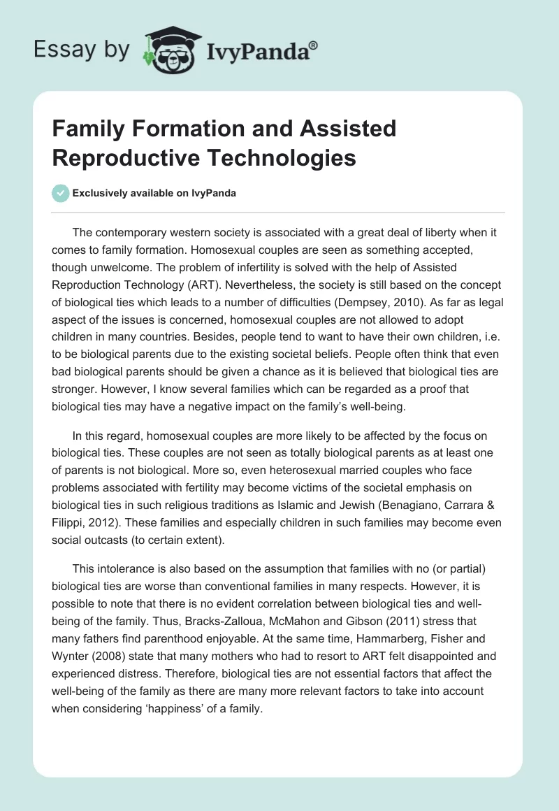 Family Formation and Assisted Reproductive Technologies. Page 1