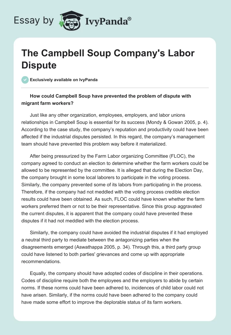 The Campbell Soup Company's Labor Dispute. Page 1