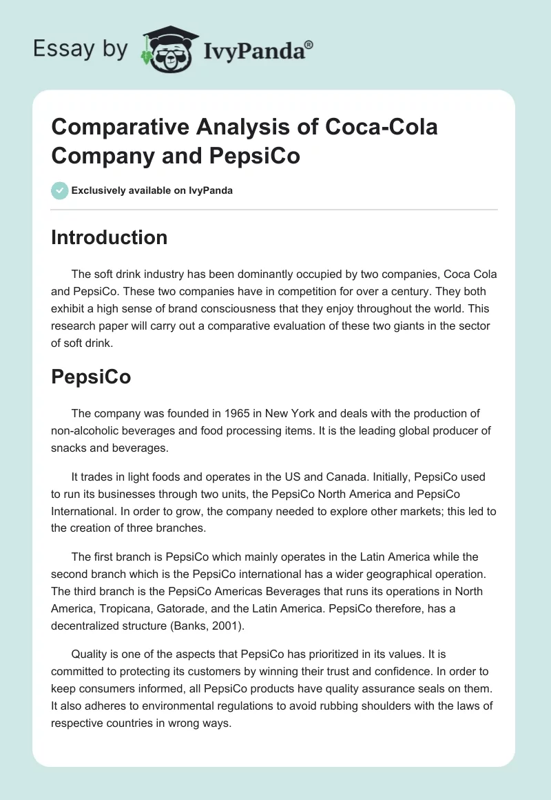 Comparative Analysis of Coca-Cola Company and PepsiCo. Page 1