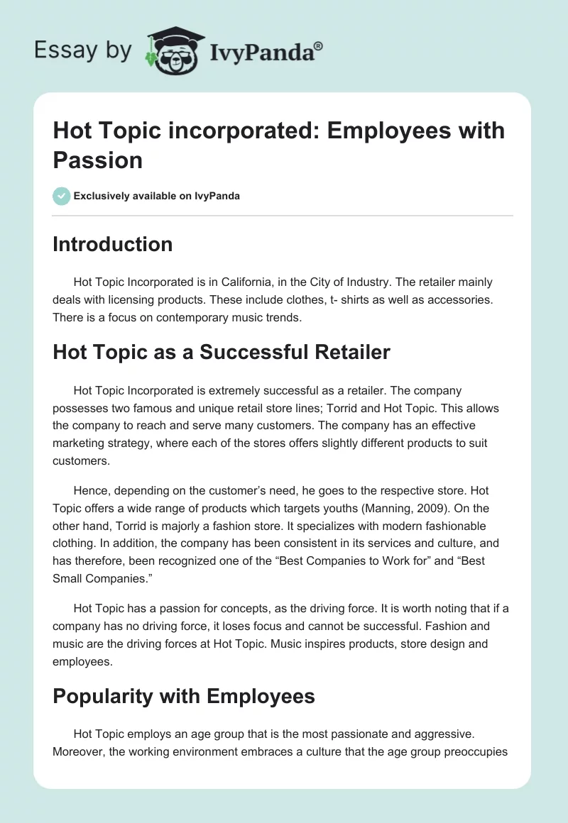 Hot Topic incorporated: Employees with Passion. Page 1
