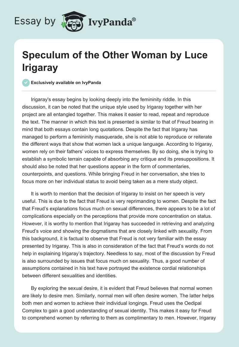"Speculum of the Other Woman" by Luce Irigaray. Page 1