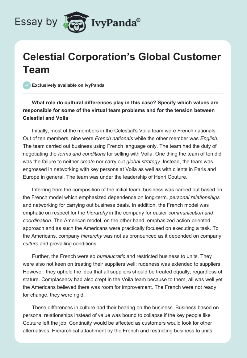 Celestial Corporation’s Global Customer Team. Page 1