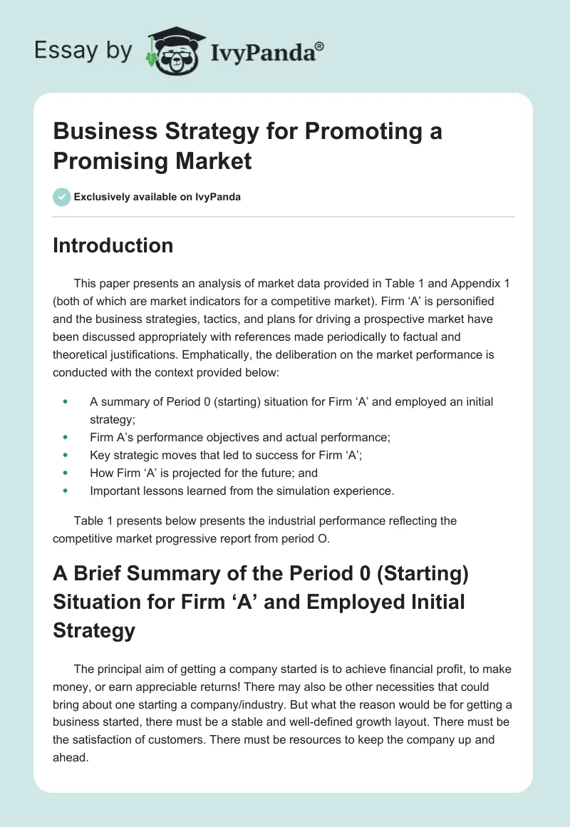 Business Strategy for Promoting a Promising Market. Page 1